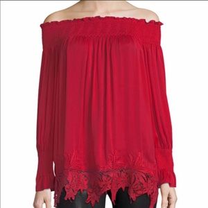 Philosophy red off shoulder laced trim